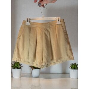 Linen Blend Pleated Tailored Shorts Tan Minimalist Preppy Women's M Side Zip